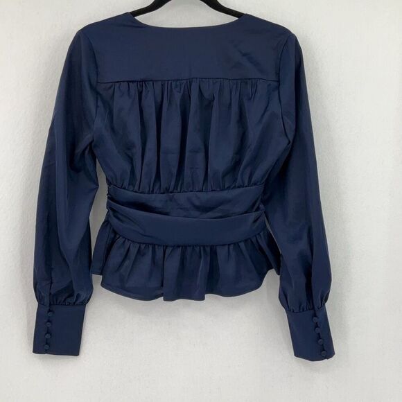Jason Wu Navy Blue Satin Ruffled Peplum Button Pullover Blouse Size Small - Picture 4 of 9